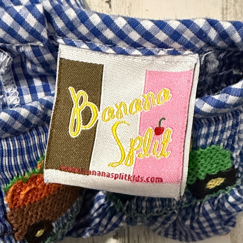 Banana Split Pumpkin Farm Gingham Kids Smocked Dress with Tractor Design - Picture 8 of 9